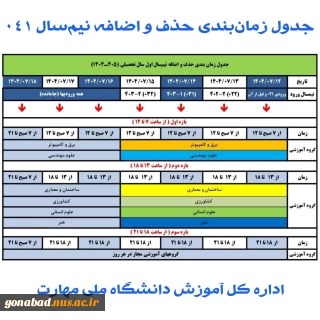 جدول زمان‌بندی حذف و اضافه نیم‌سال اول سال تحصیلی ۱۴۰۵ - ۱۴۰۴ (مهر _ ۰۴۱)